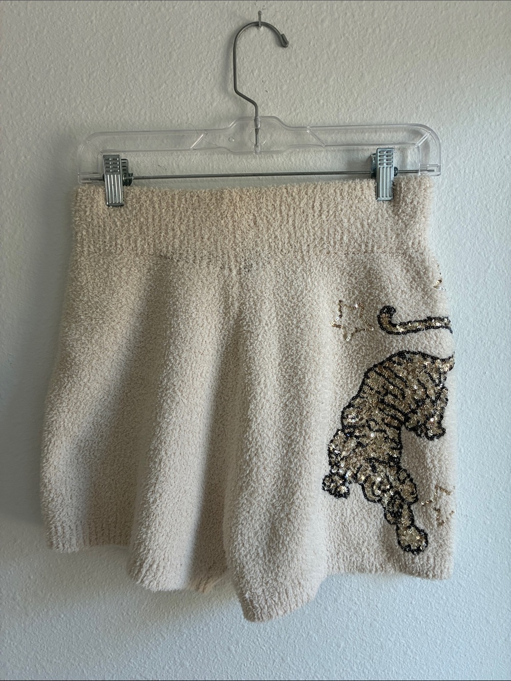 Cream Bouclé Shorts with Sequin Tiger Accent